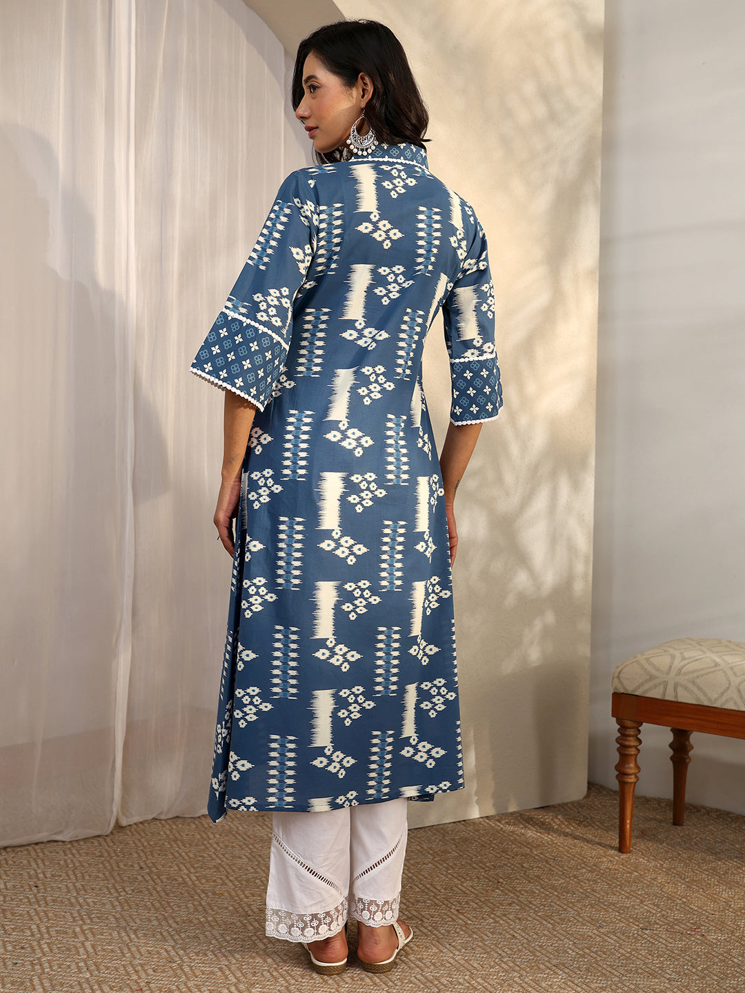 Libas Blue Block Printed Cotton A-Line Kurta