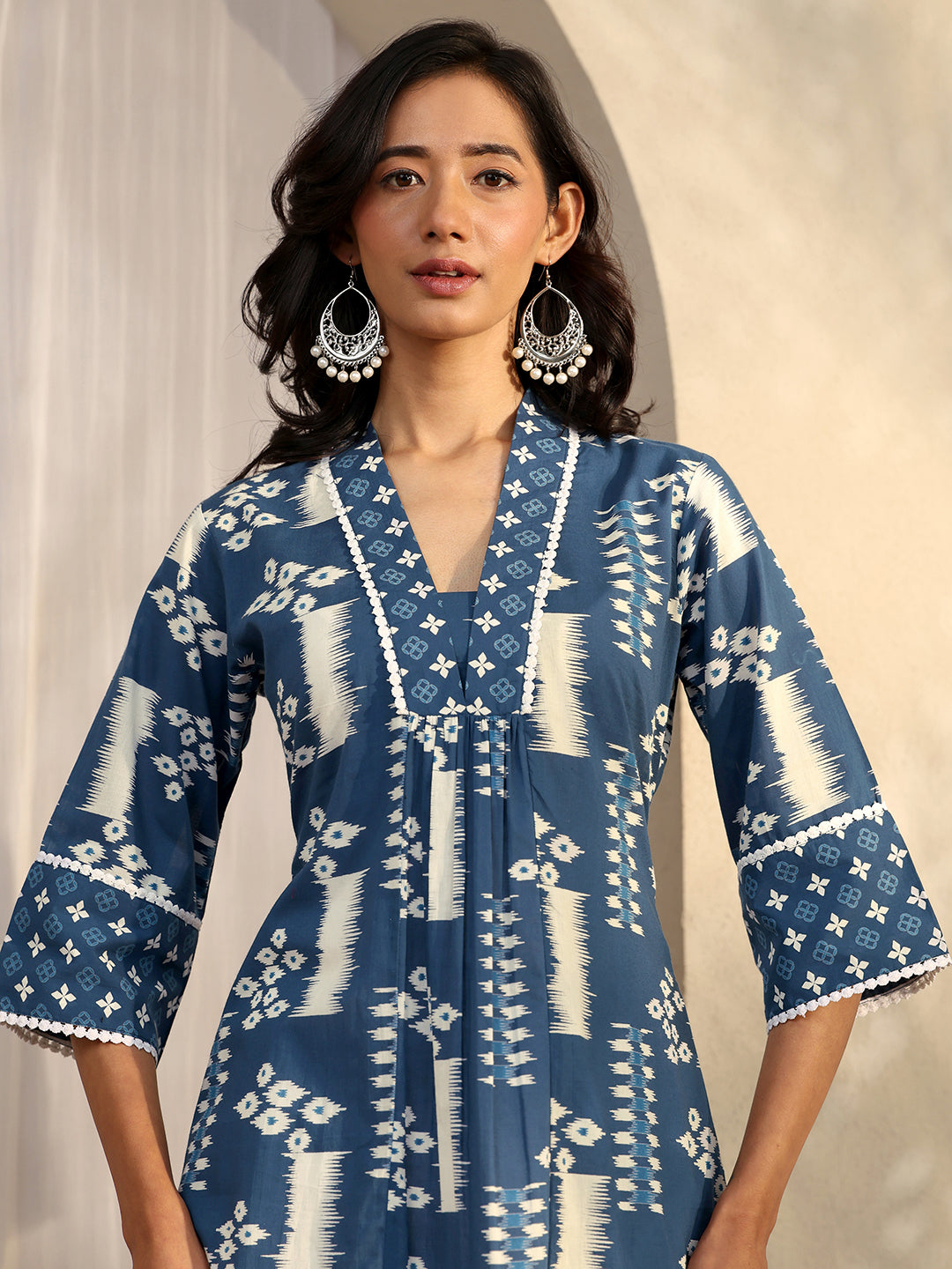 Libas Blue Block Printed Cotton A-Line Kurta