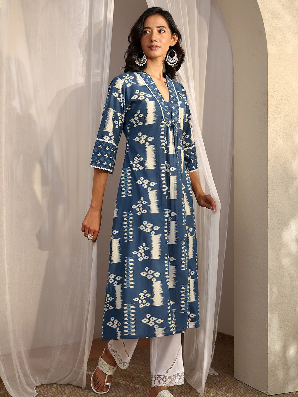 Libas Blue Block Printed Cotton A-Line Kurta