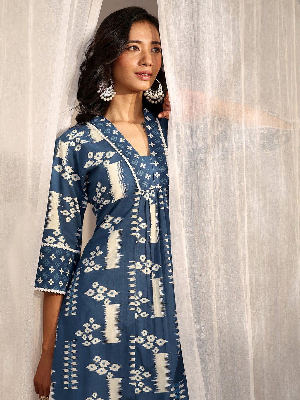 Libas Blue Block Printed Cotton A-Line Kurta