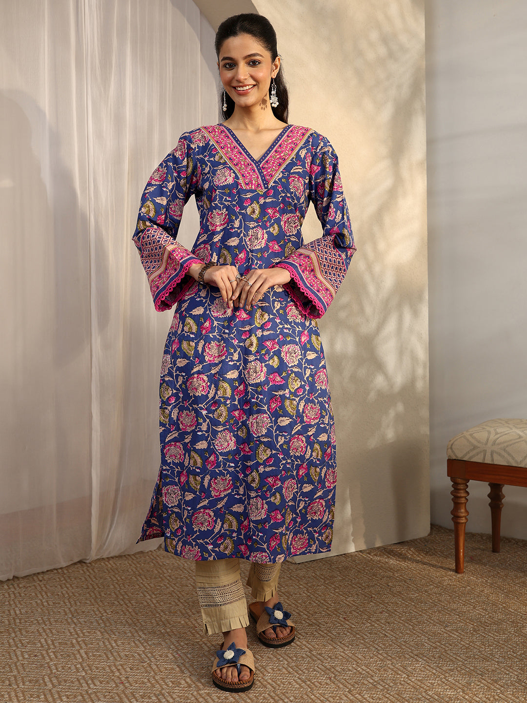 Libas Phoebe Blue Printed Cotton Straight Kurta