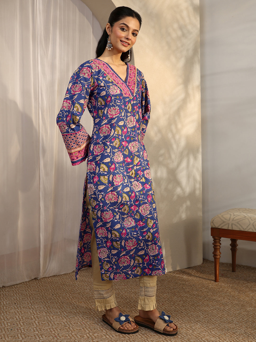 Libas Phoebe Blue Printed Cotton Straight Kurta