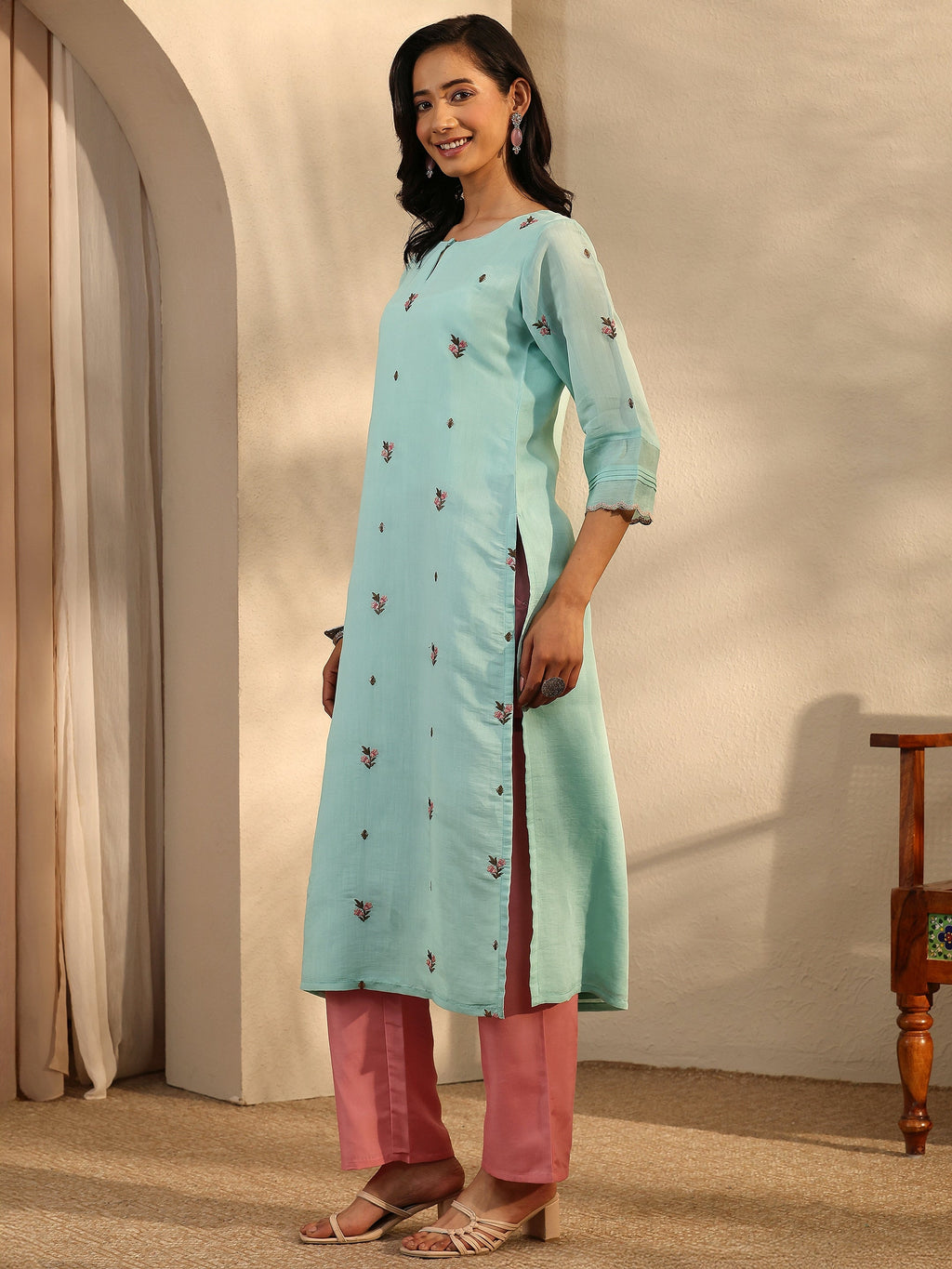 Libas Blue Embroidered Chanderi Cotton Straight Kurta