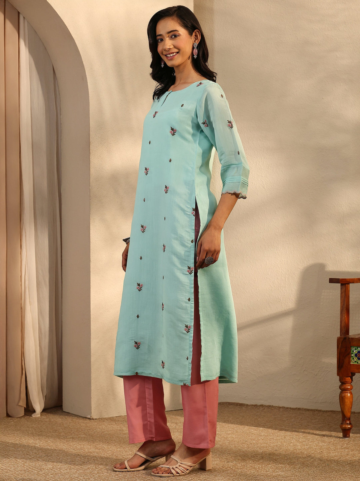 Libas Blue Embroidered Chanderi Cotton Straight Kurta