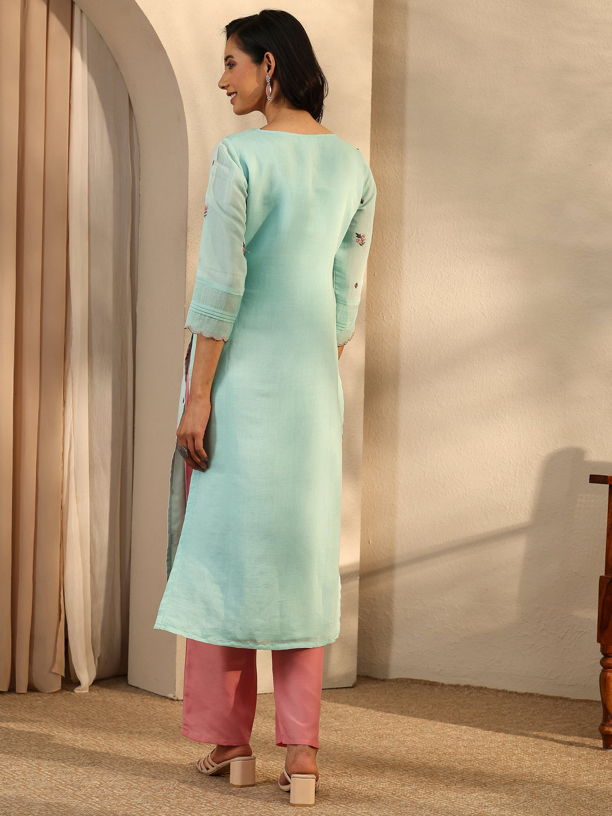 Libas Blue Embroidered Chanderi Cotton Straight Kurta