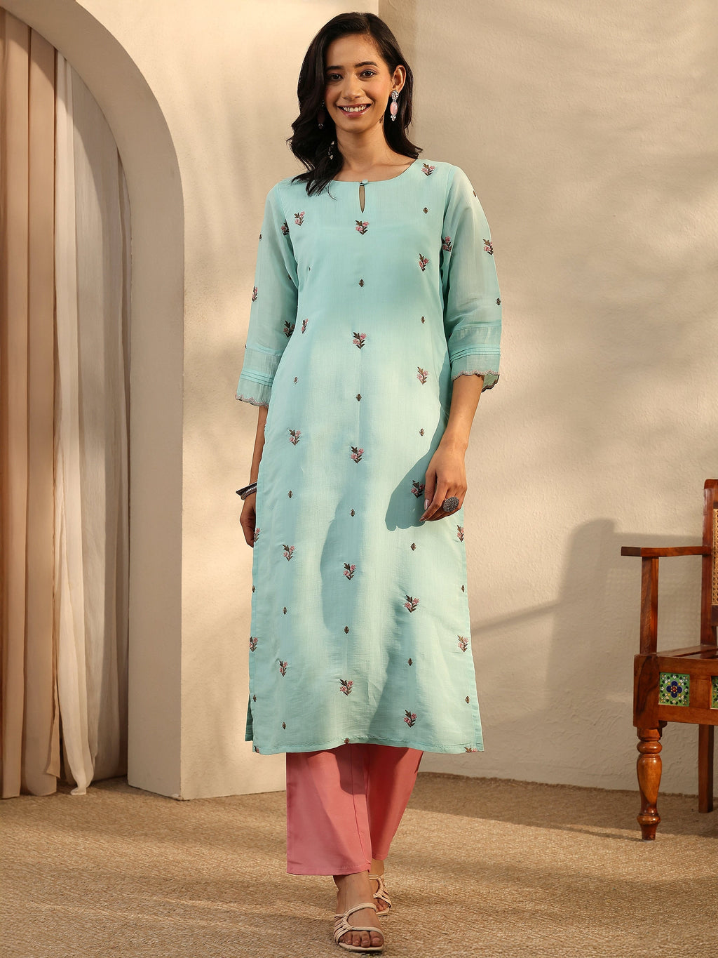 Libas Blue Embroidered Chanderi Cotton Straight Kurta