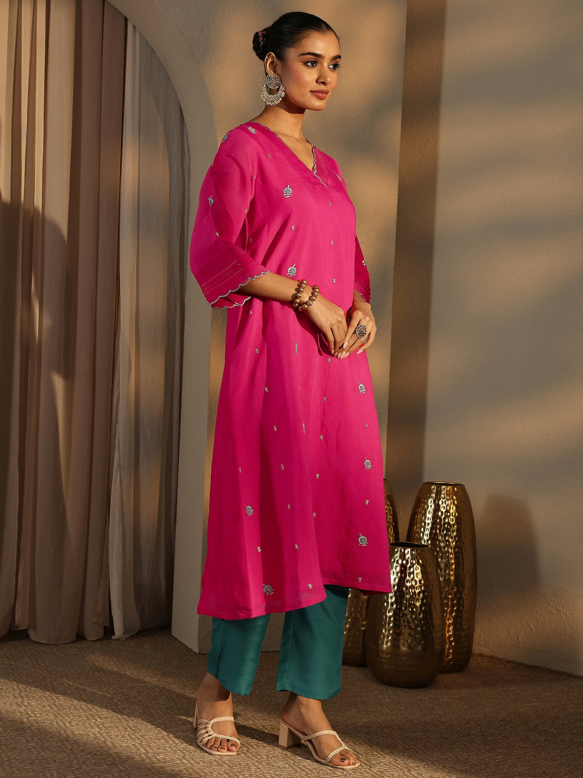 Libas Pink Embroidered Chanderi Cotton Straight Kurta