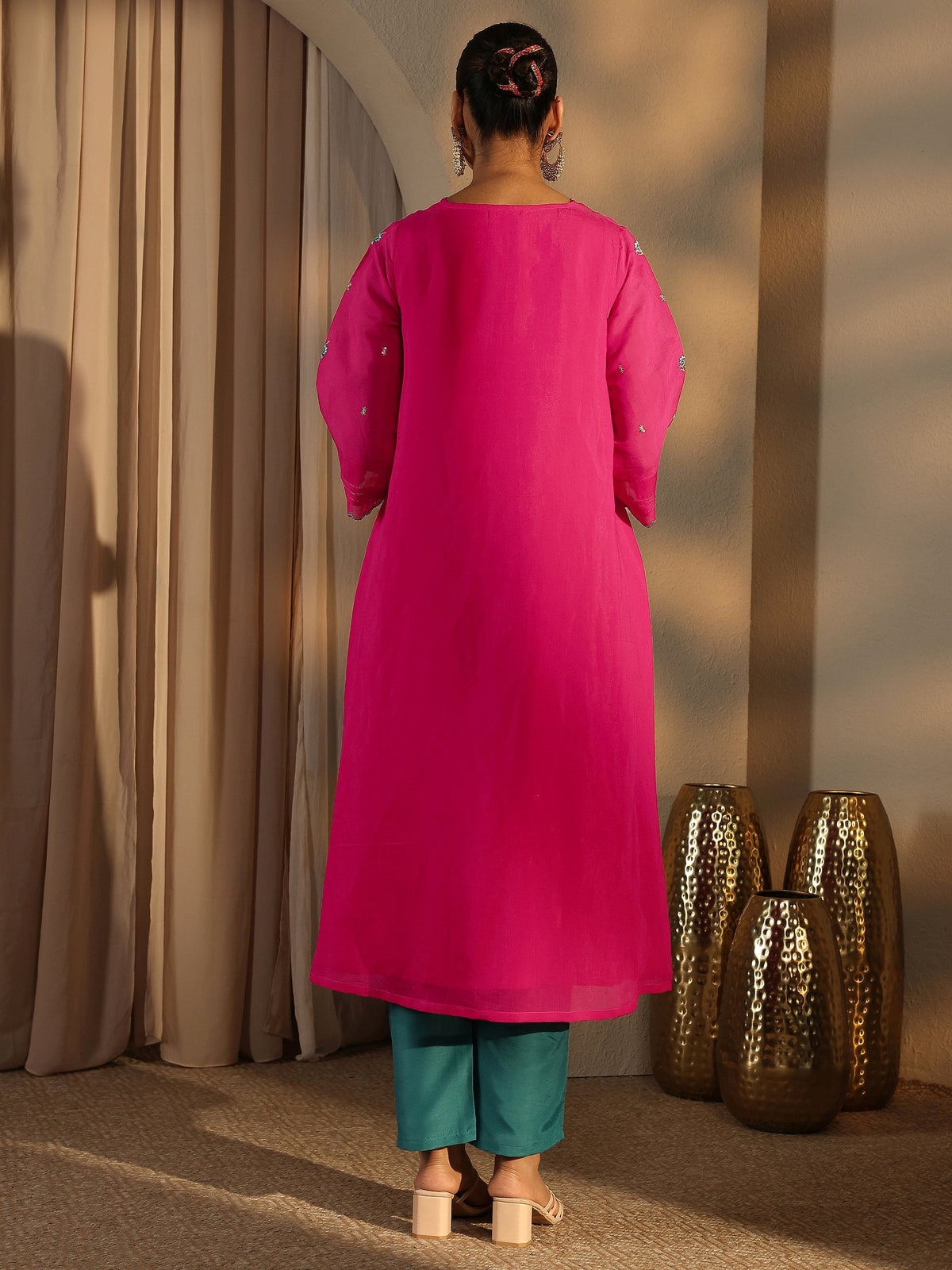 Libas Pink Embroidered Chanderi Cotton Straight Kurta