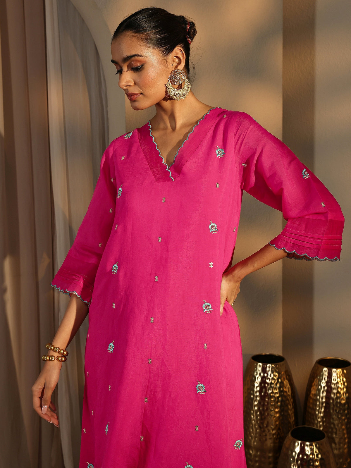 Libas Pink Embroidered Chanderi Cotton Straight Kurta