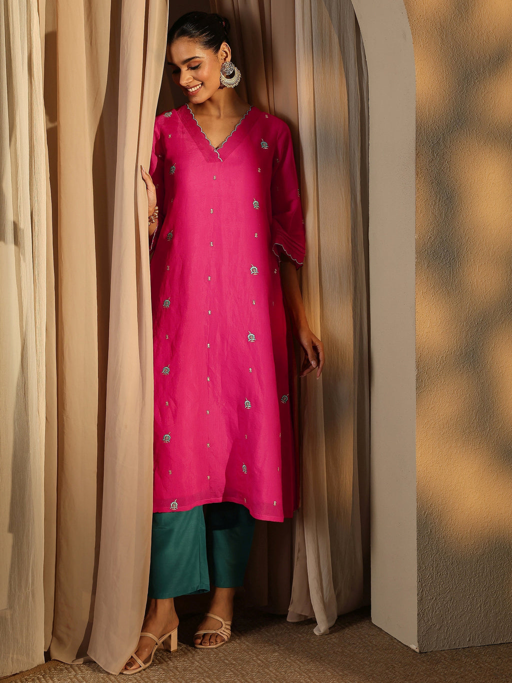 Libas Pink Embroidered Chanderi Cotton Straight Kurta