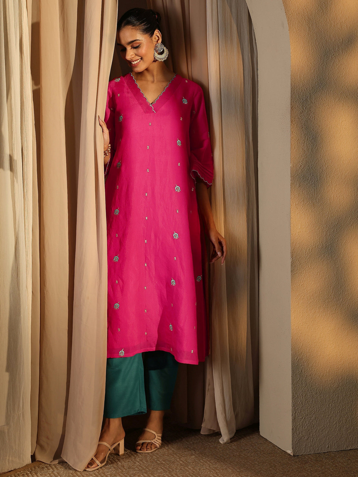 Libas Pink Embroidered Chanderi Cotton Straight Kurta
