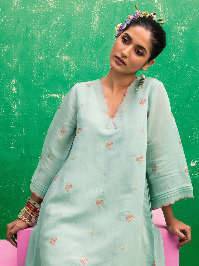 Libas Gianna Blue Embroidered Chanderi Cotton A-Line Kurta