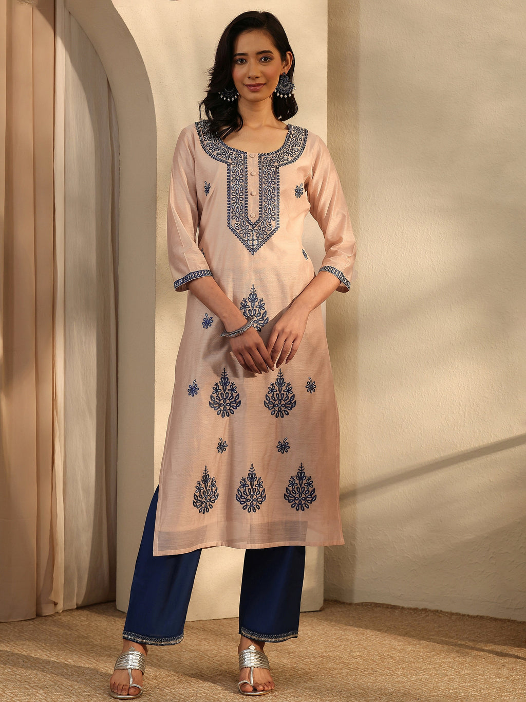 Libas Beige Embroidered Chanderi Silk Straight Kurta