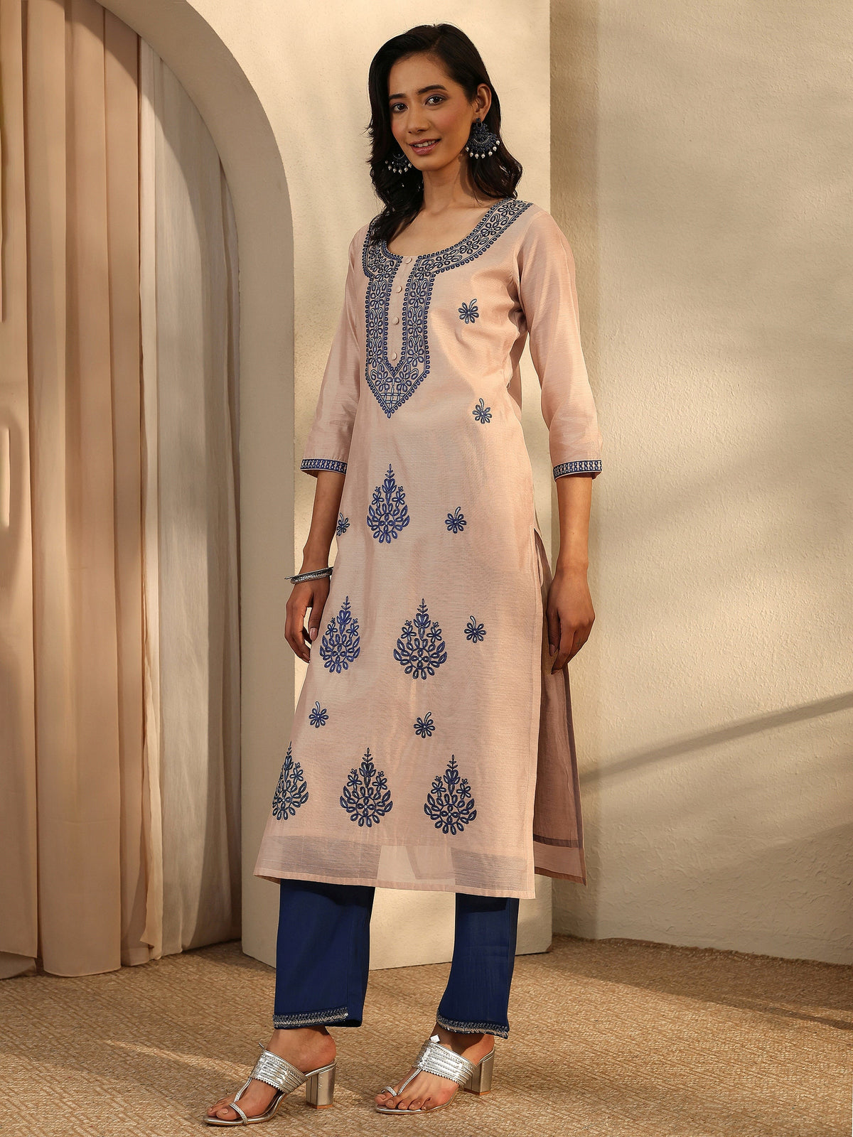 Libas Beige Embroidered Chanderi Silk Straight Kurta