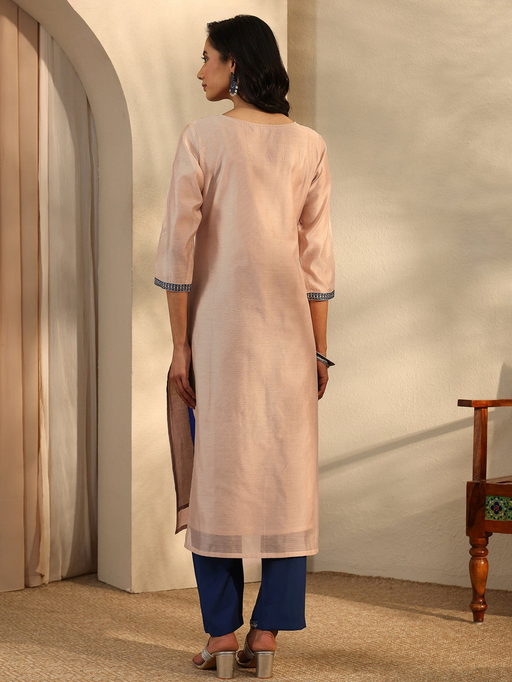 Libas Beige Embroidered Chanderi Silk Straight Kurta