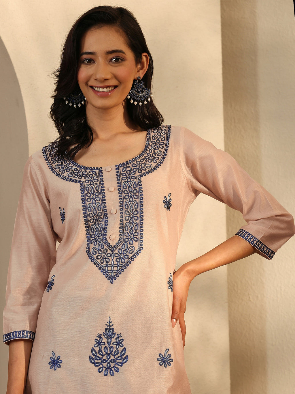 Libas Beige Embroidered Chanderi Silk Straight Kurta