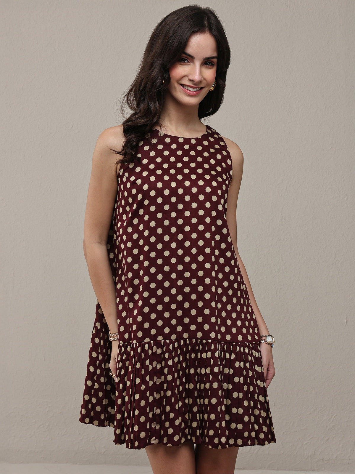 Libas Brown Polka Dot Printed Cotton Drop Waist Dress