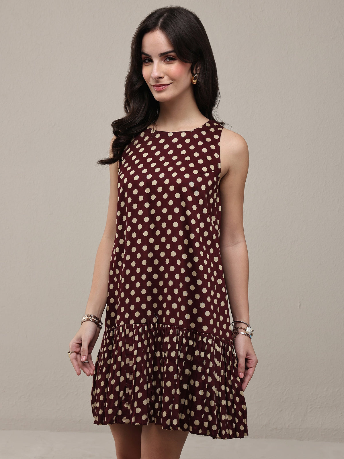 Libas Brown Polka Dot Printed Cotton Drop Waist Dress