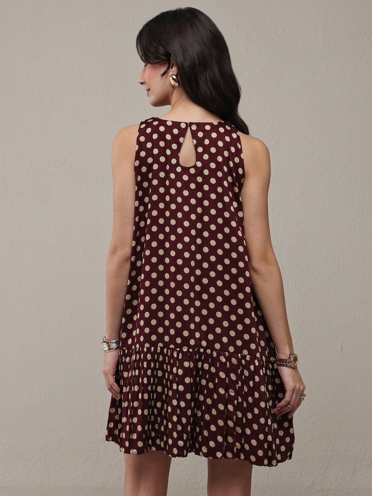 Libas Brown Polka Dot Printed Cotton Drop Waist Dress