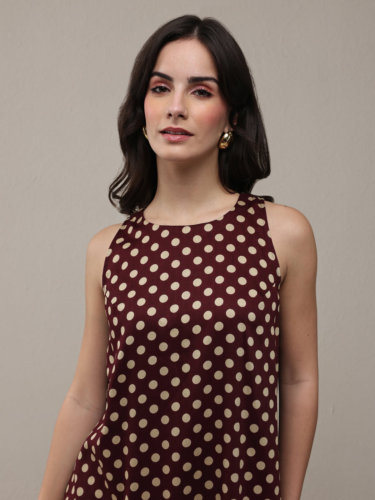 Libas Brown Polka Dot Printed Cotton Drop Waist Dress