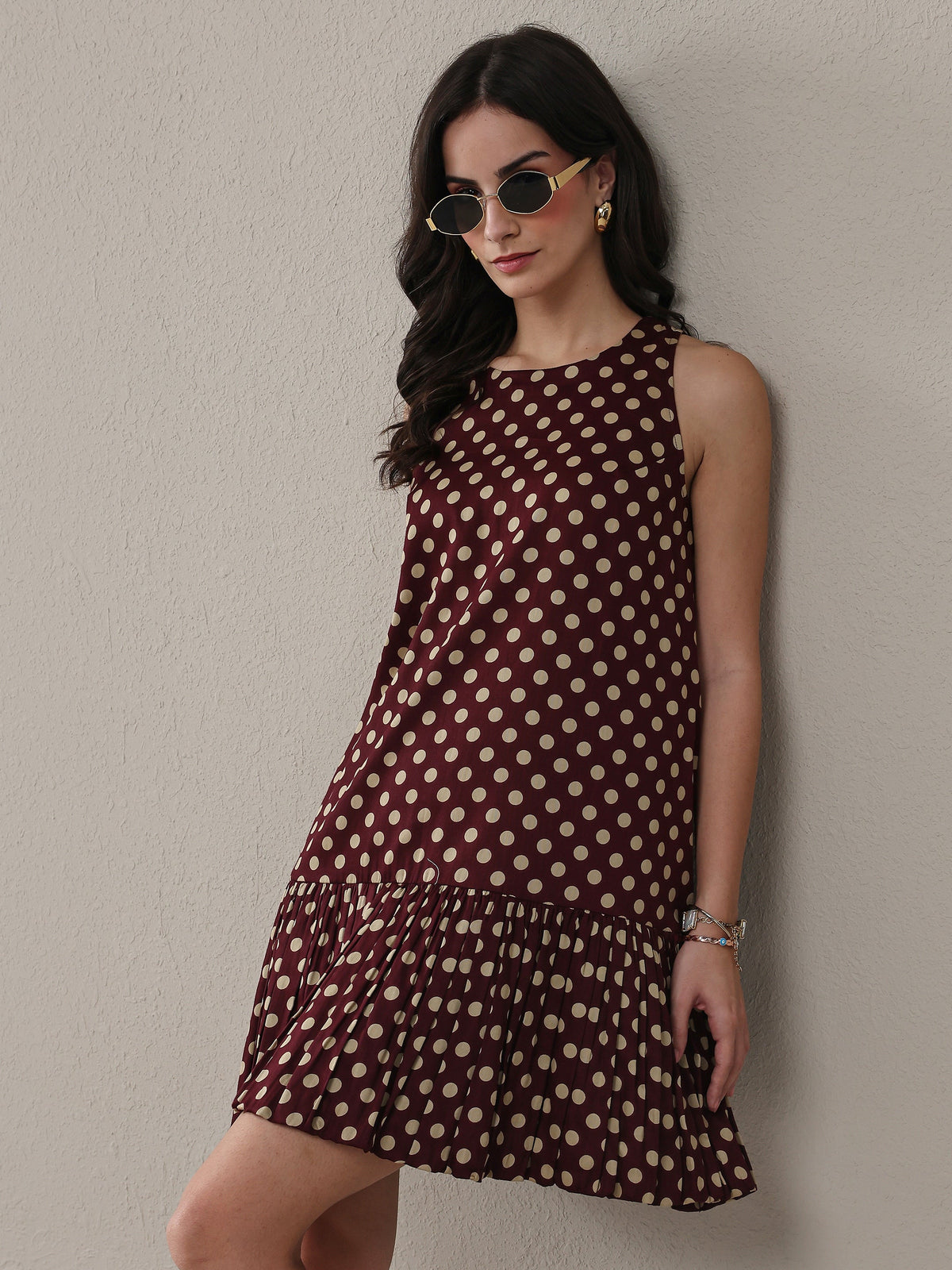 Libas Brown Polka Dot Printed Cotton Drop Waist Dress