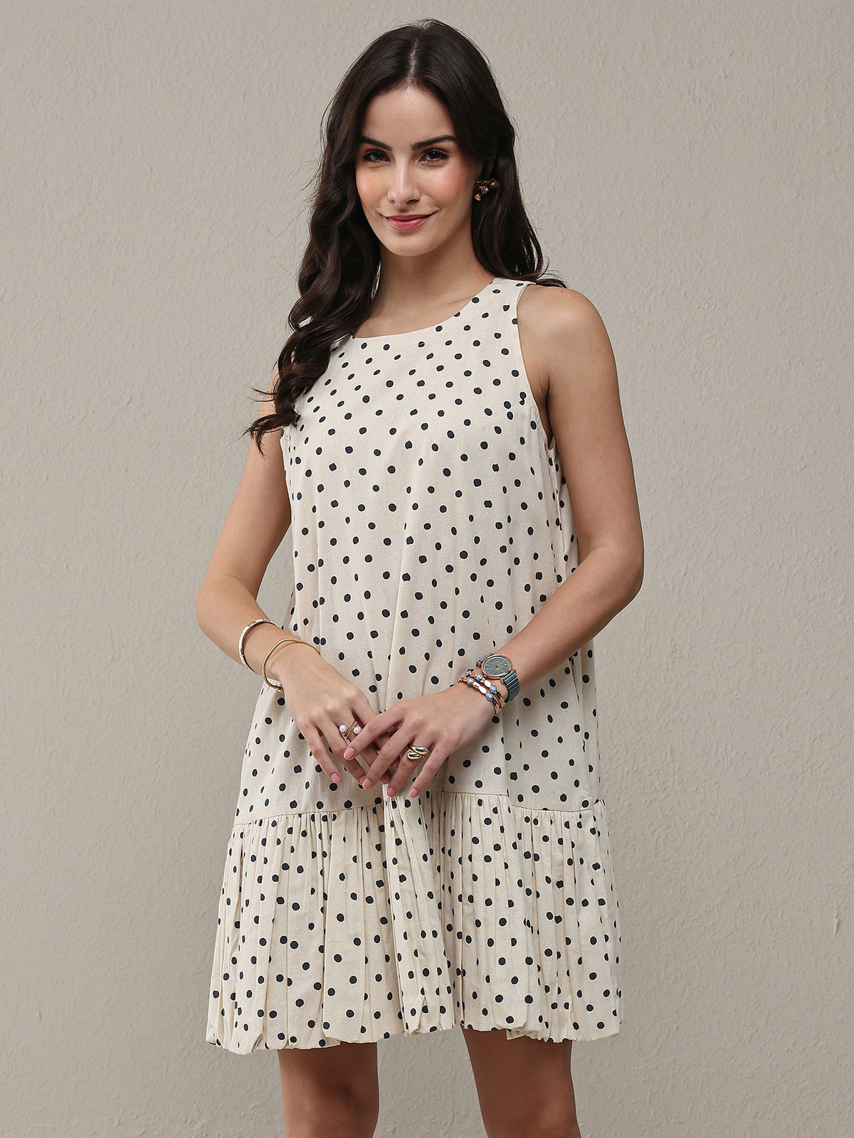 Libas Off White Polka Dot Printed Cotton Drop Waist Dress