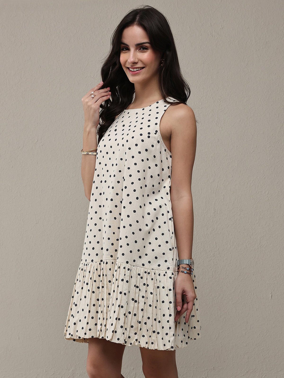 Libas Off White Polka Dot Printed Cotton Drop Waist Dress