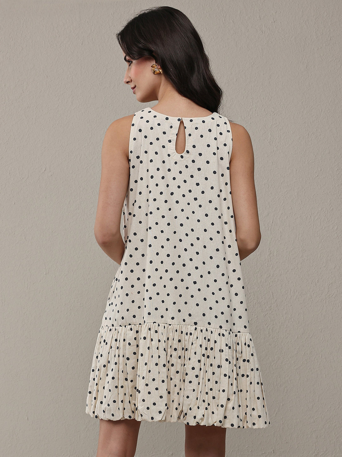 Libas Off White Polka Dot Printed Cotton Drop Waist Dress