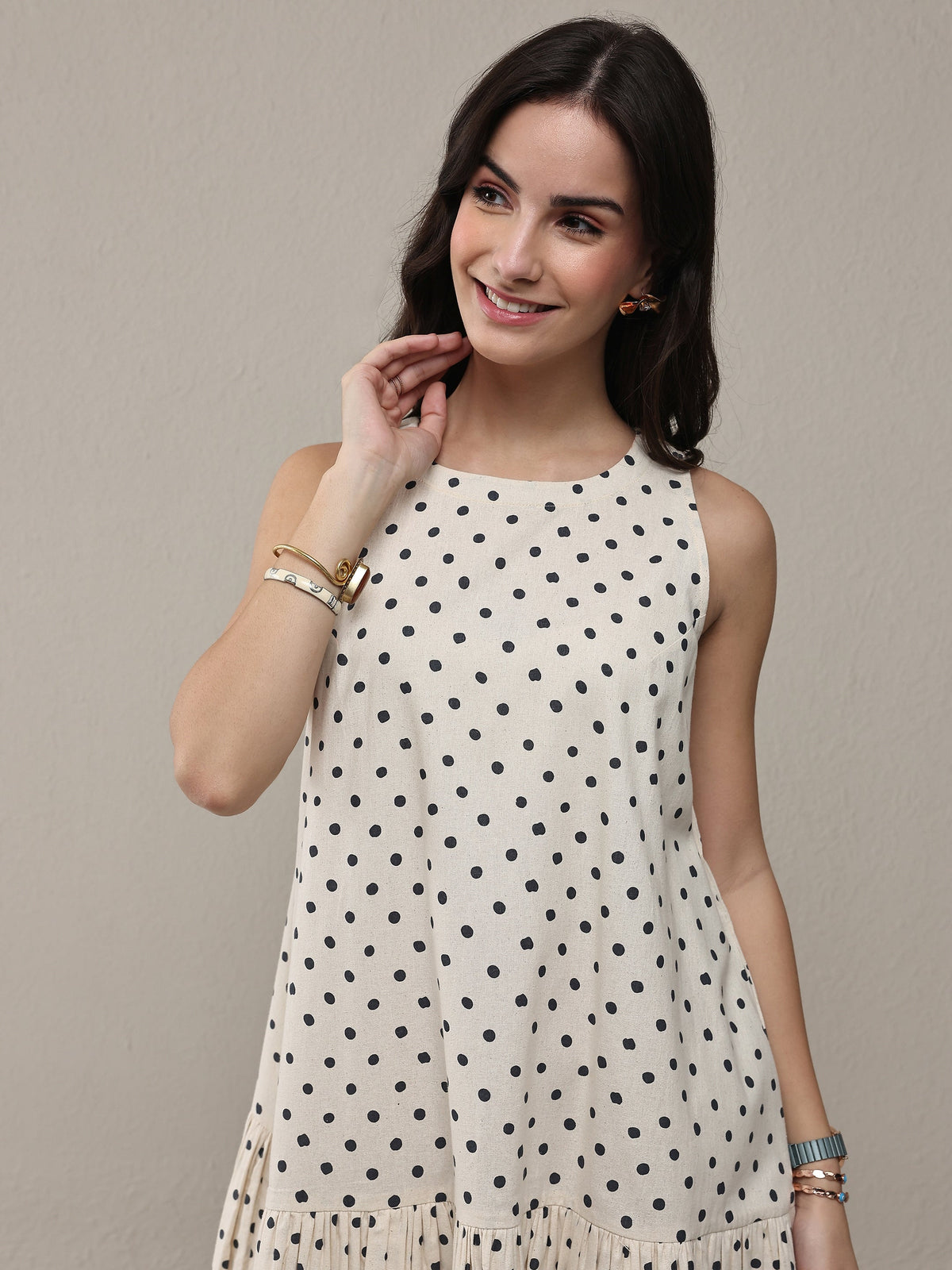 Libas Off White Polka Dot Printed Cotton Drop Waist Dress