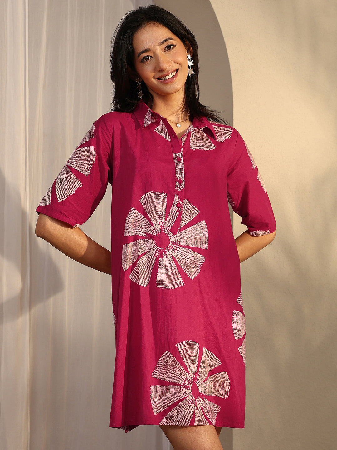 Libas Pink Printed Cotton A-Line One Piece Dress