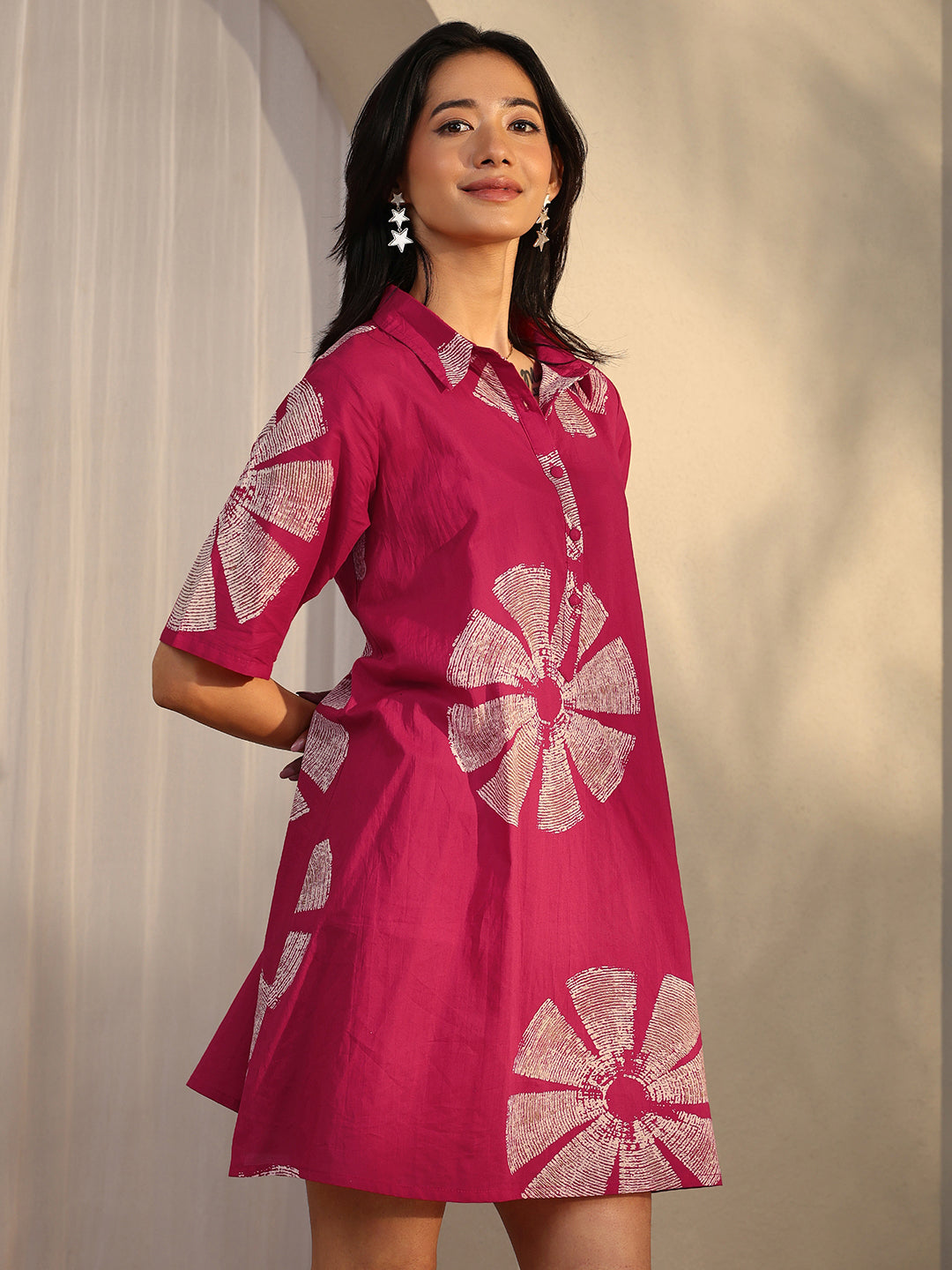 Libas Pink Printed Cotton A-Line One Piece Dress