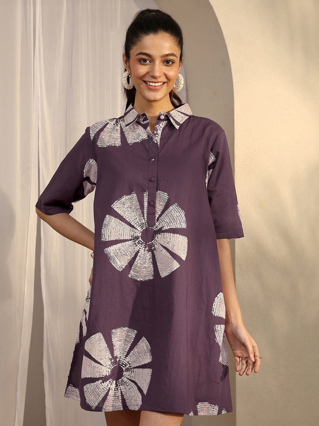 Libas Purple Printed Cotton A-Line One Piece Dress