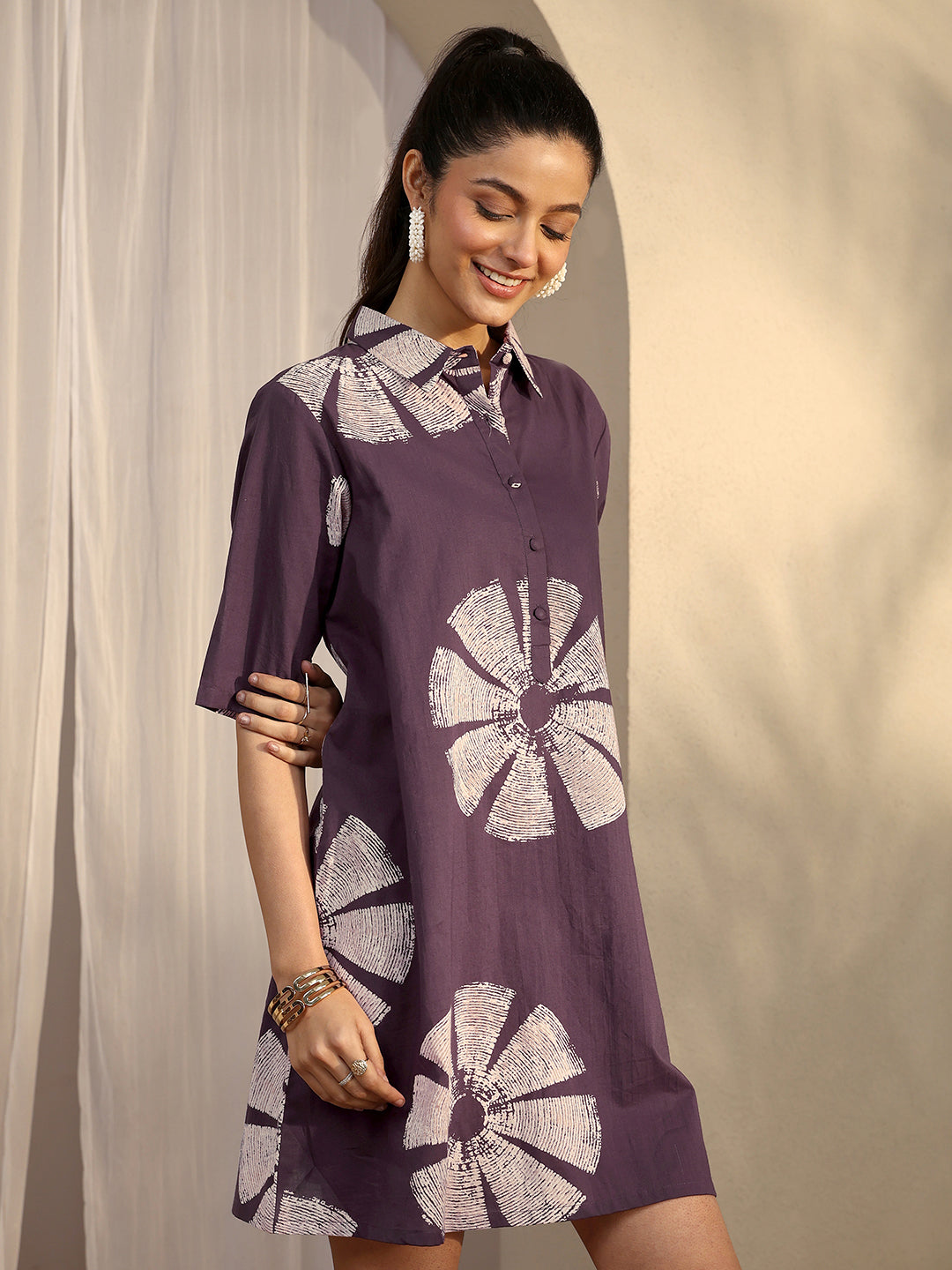 Libas Purple Printed Cotton A-Line One Piece Dress