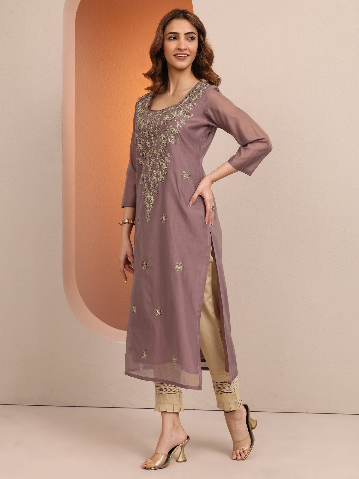 Libas Brown Embroidered Chanderi Silk Straight Kurta