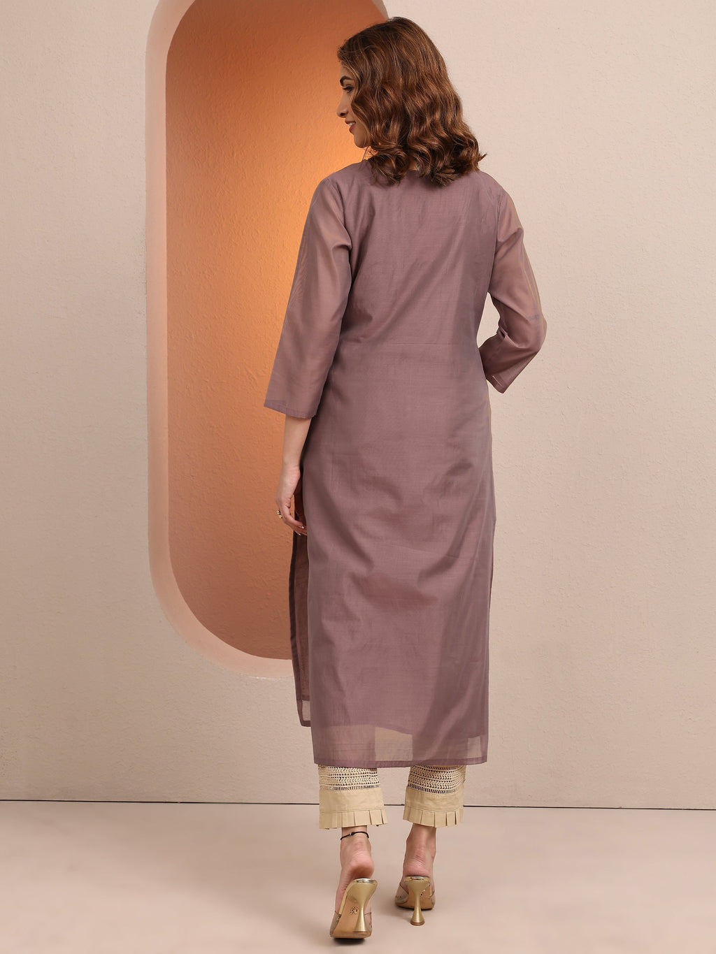 Libas Brown Embroidered Chanderi Silk Straight Kurta