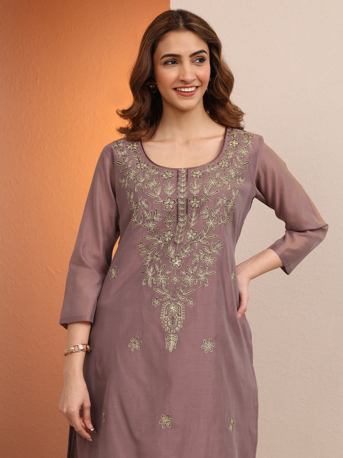 Libas Brown Embroidered Chanderi Silk Straight Kurta