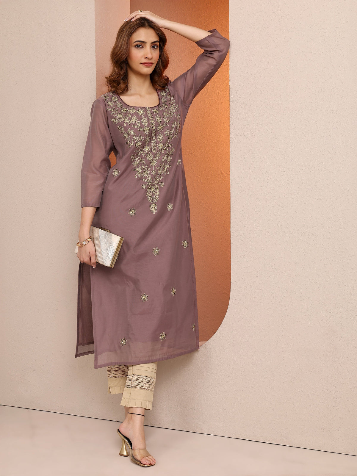 Libas Brown Embroidered Chanderi Silk Straight Kurta
