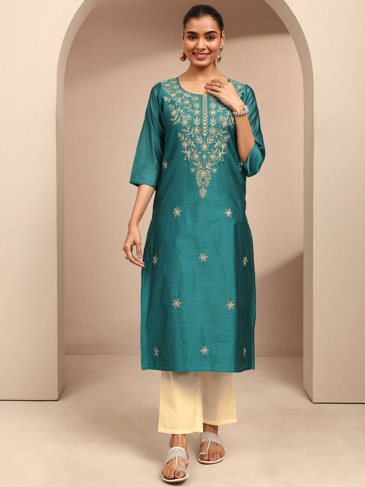 Libas Blue Embroidered Chanderi Silk Straight Kurta