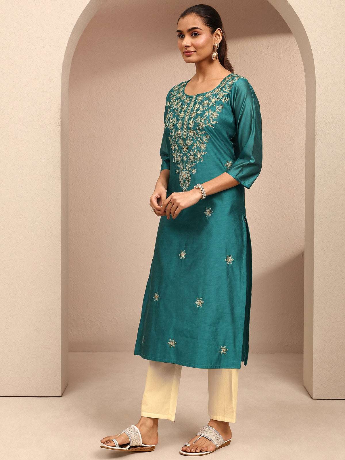 Libas Blue Embroidered Chanderi Silk Straight Kurta