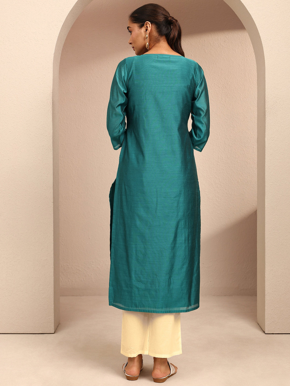Libas Blue Embroidered Chanderi Silk Straight Kurta