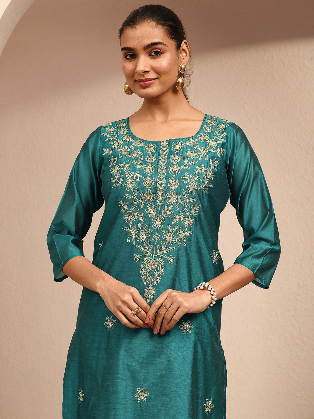 Libas Blue Embroidered Chanderi Silk Straight Kurta