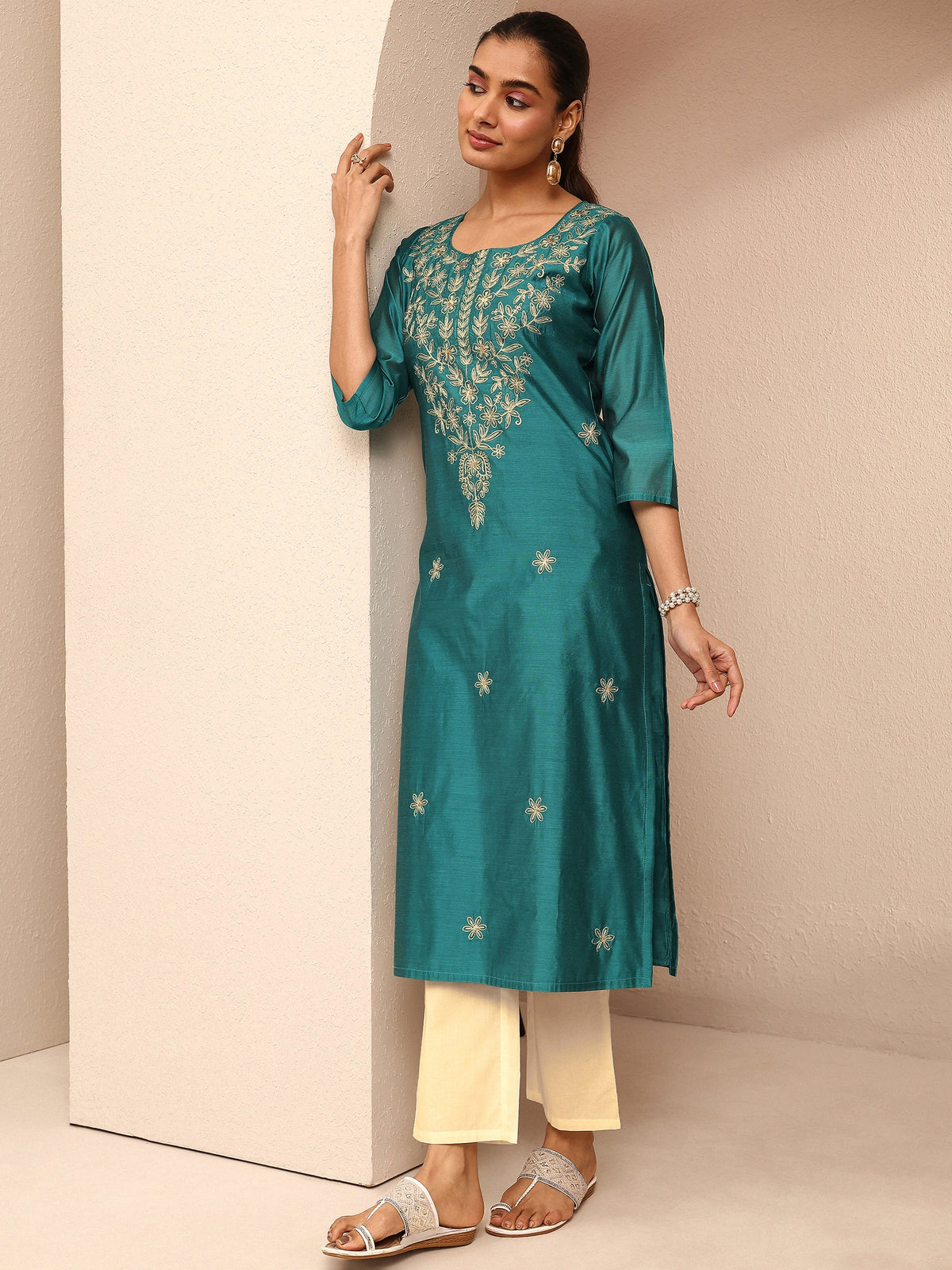 Libas Blue Embroidered Chanderi Silk Straight Kurta