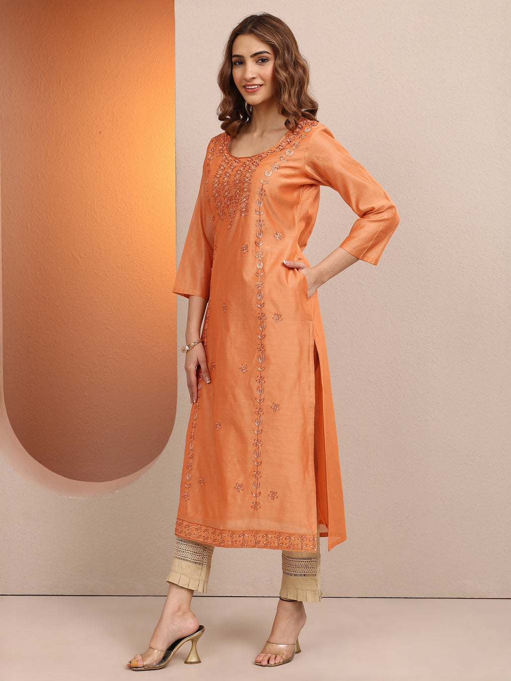 Libas Peach Embroidered Chanderi Silk Straight Kurta
