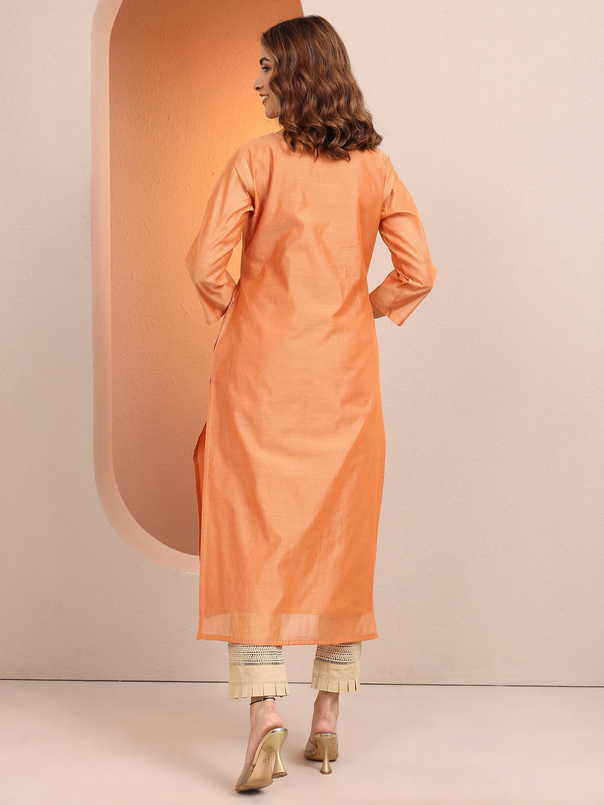 Libas Peach Embroidered Chanderi Silk Straight Kurta