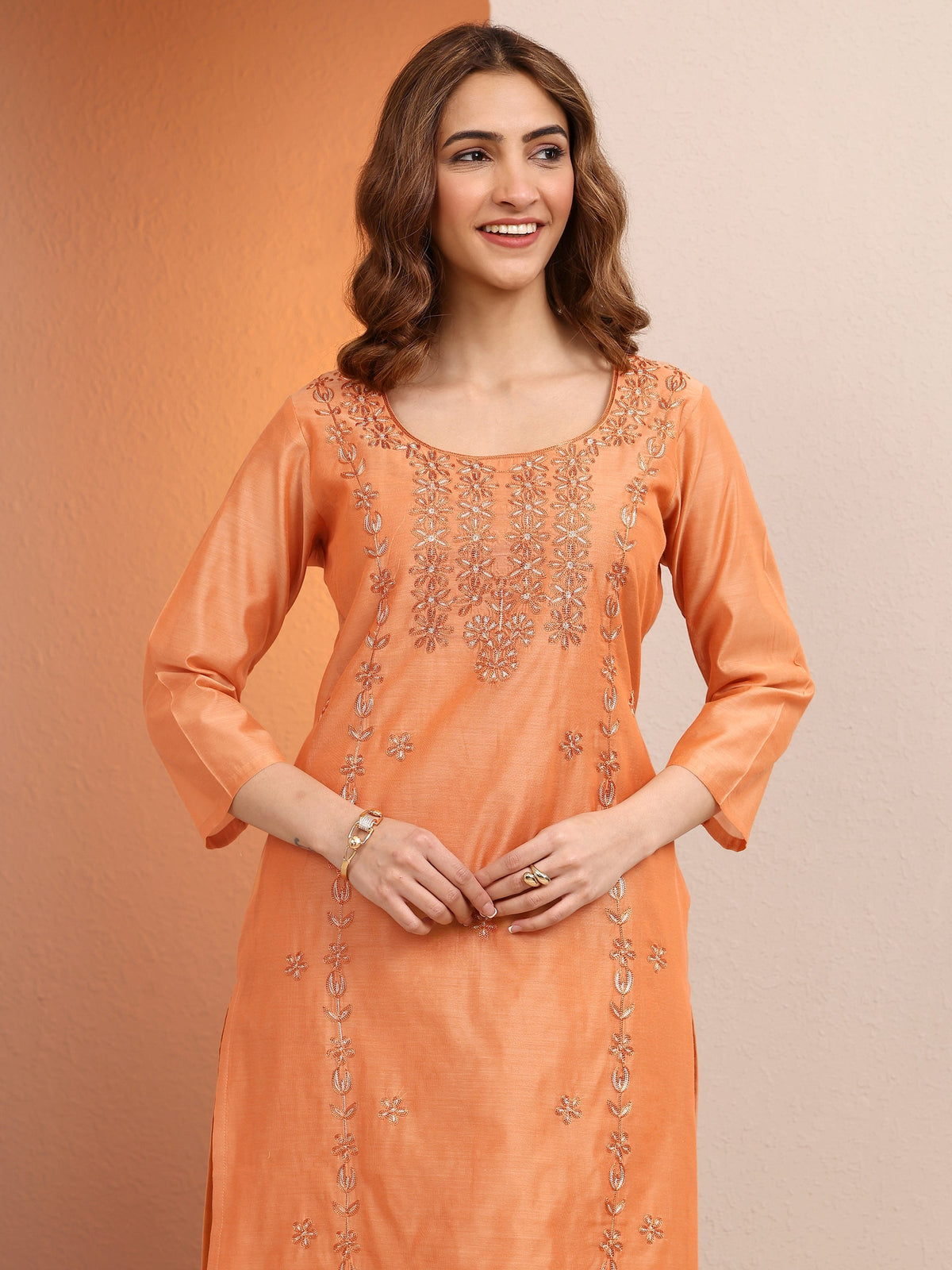 Libas Peach Embroidered Chanderi Silk Straight Kurta