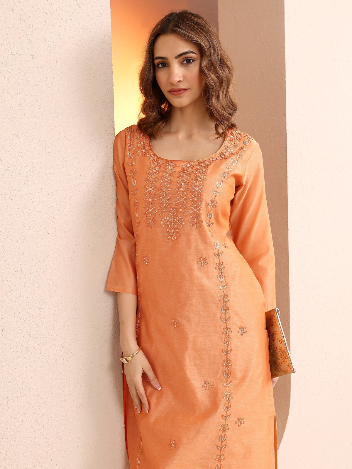 Libas Peach Embroidered Chanderi Silk Straight Kurta