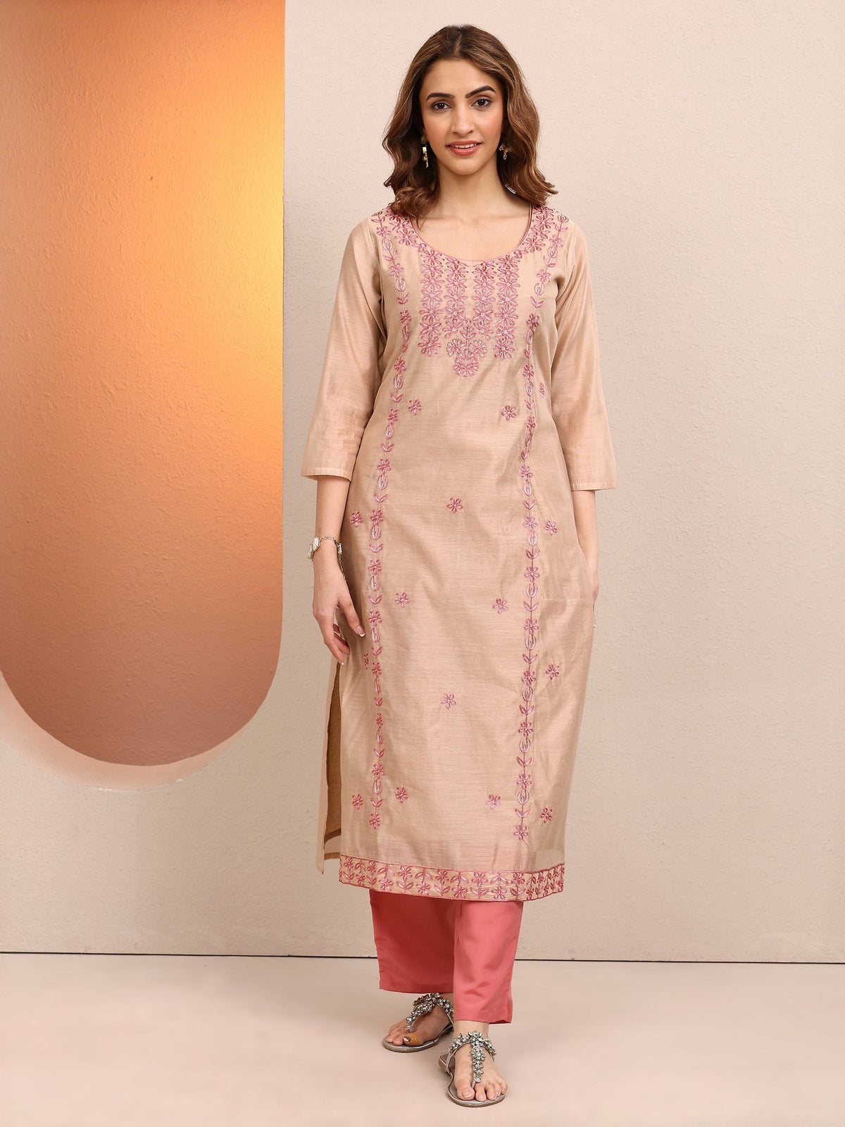 Libas Beige Embroidered Chanderi Silk Straight Kurta