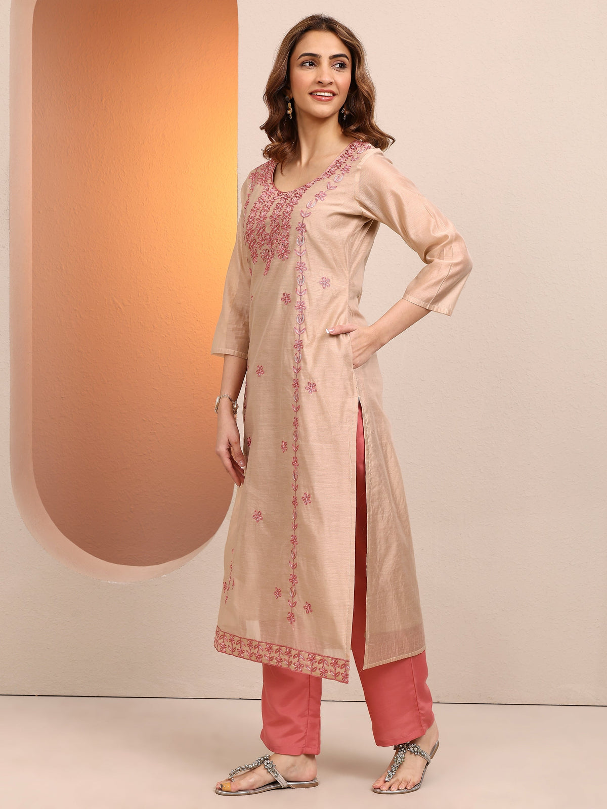 Libas Beige Embroidered Chanderi Silk Straight Kurta