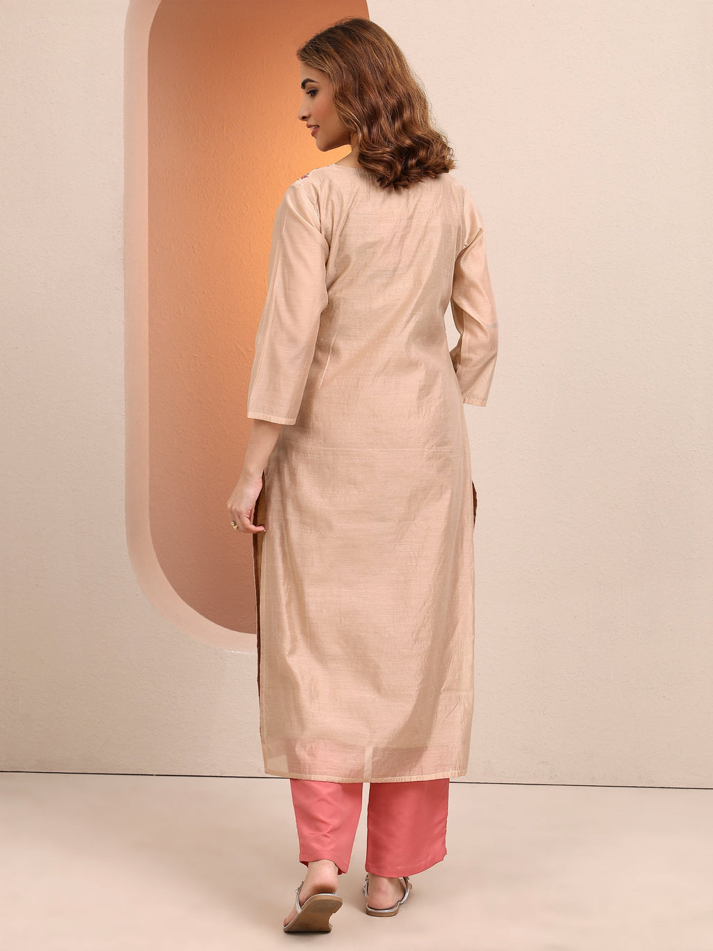 Libas Beige Embroidered Chanderi Silk Straight Kurta