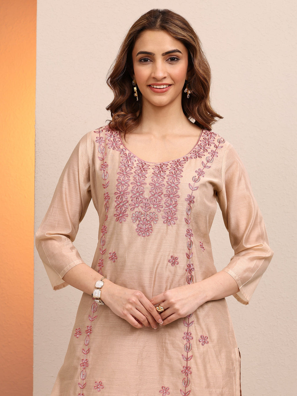 Libas Beige Embroidered Chanderi Silk Straight Kurta